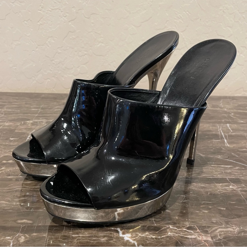Gucci Patent Leather Peep Toe Stiletto Sandals - Picture 4 of 16